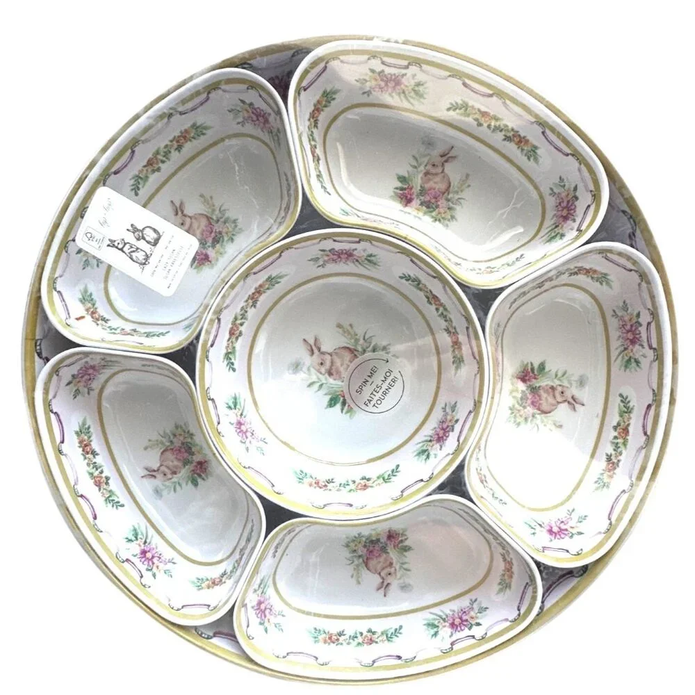 Hip + Hop Lazy Susan Easter Bunny Flowers 100% Melamine 7-Piece Rotating Set NEW